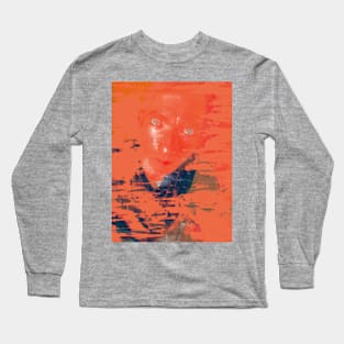 Portrait, digital collage and special processing. Man looking on us. Eyes. Smudged shapes. Orange and aquamarine. Long Sleeve T-Shirt